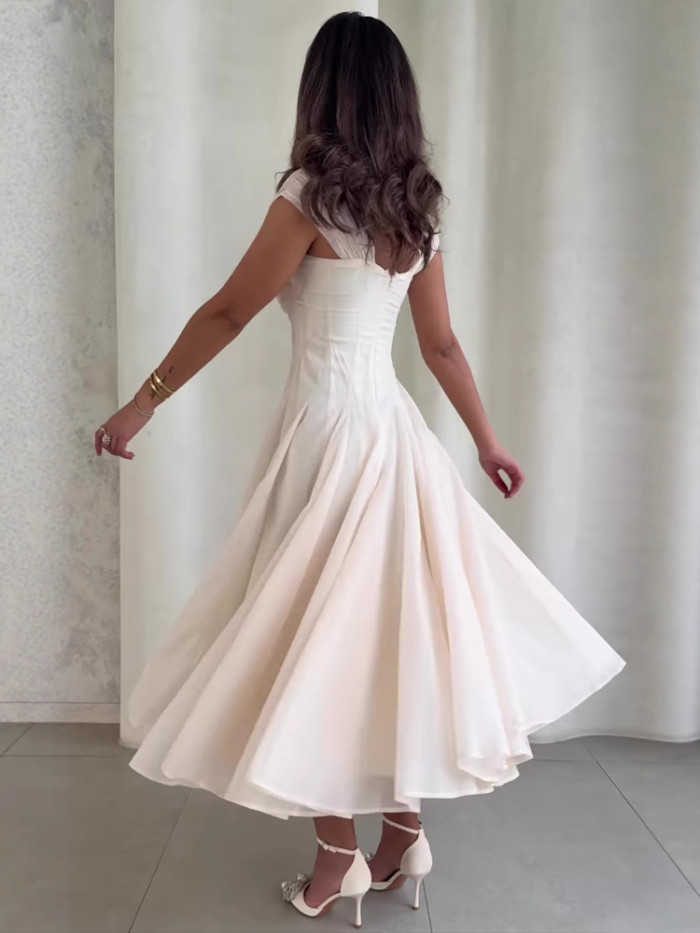 ✨Elegant Square Neck Draped Evening Gown – High-Waist Sleeveless Slim Party Dress for Women