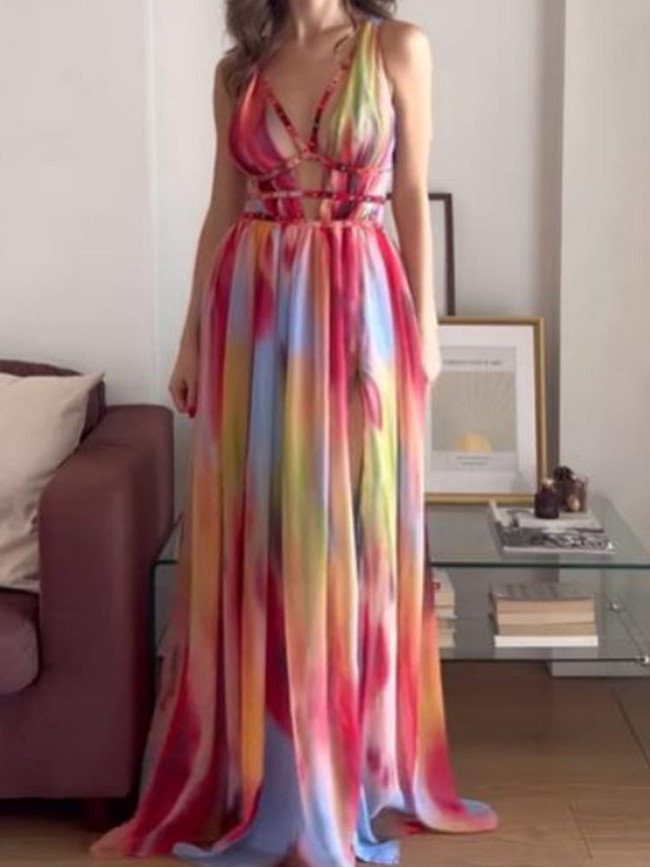 Women Fashion Pattern Print Slim Fit Beach Dress 2025 Sexy Split Backless Party Dress Elegant V-neck Hollow Out Beach Long Dress