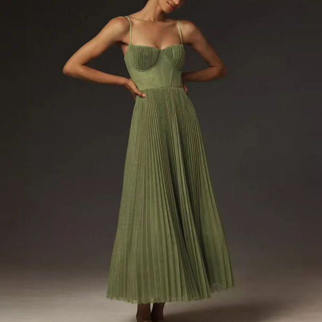 Sexy Strapless Hollow A-Line Long Dress New Spring Summer Solid Pleated Dresses Women Casual Sleeveless Backless Zip Sling Dress