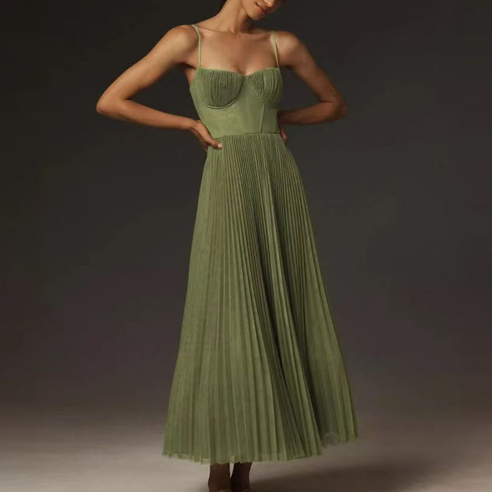 Sexy Strapless Hollow A-Line Long Dress New Spring Summer Solid Pleated Dresses Women Casual Sleeveless Backless Zip Sling Dress