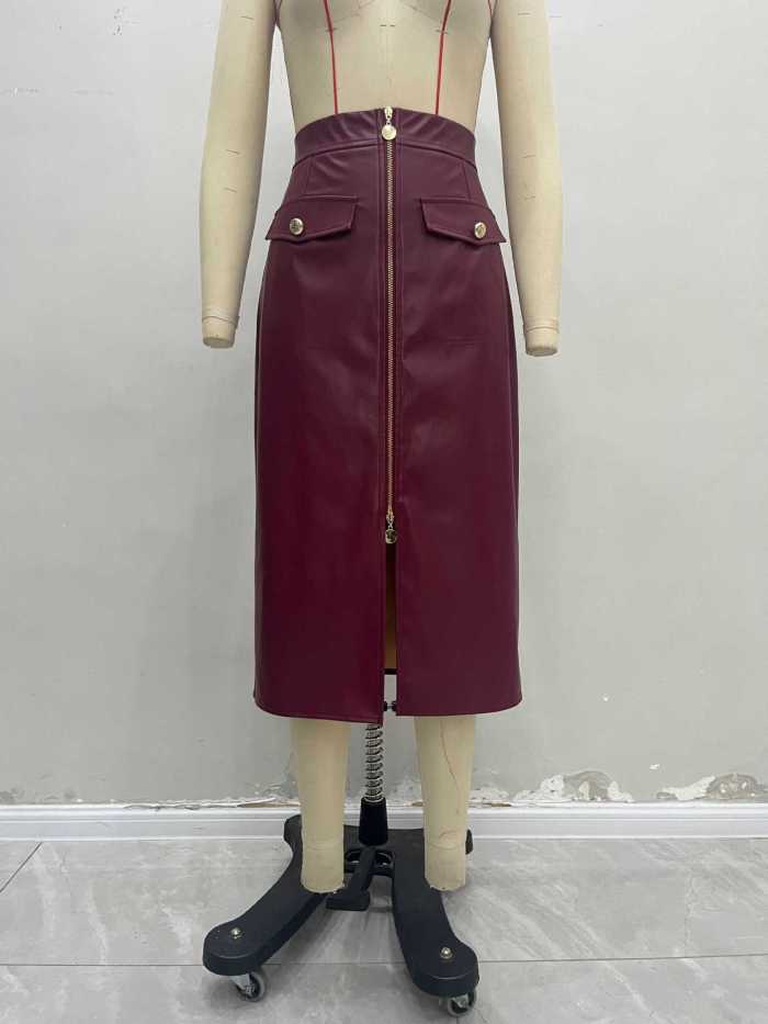 ✨ Elegant High-Waist PU Midi Skirt with Chic Front Zipper – Soft, Sleek & Effortlessly Stylish