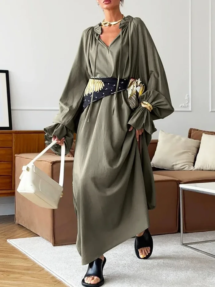 Sexy Deep V-neck Lace-Up Long Dress Autumn Casual Long Sleeve Women's Dress Spring Elegant Cotton Linen Solid Color Party Dress