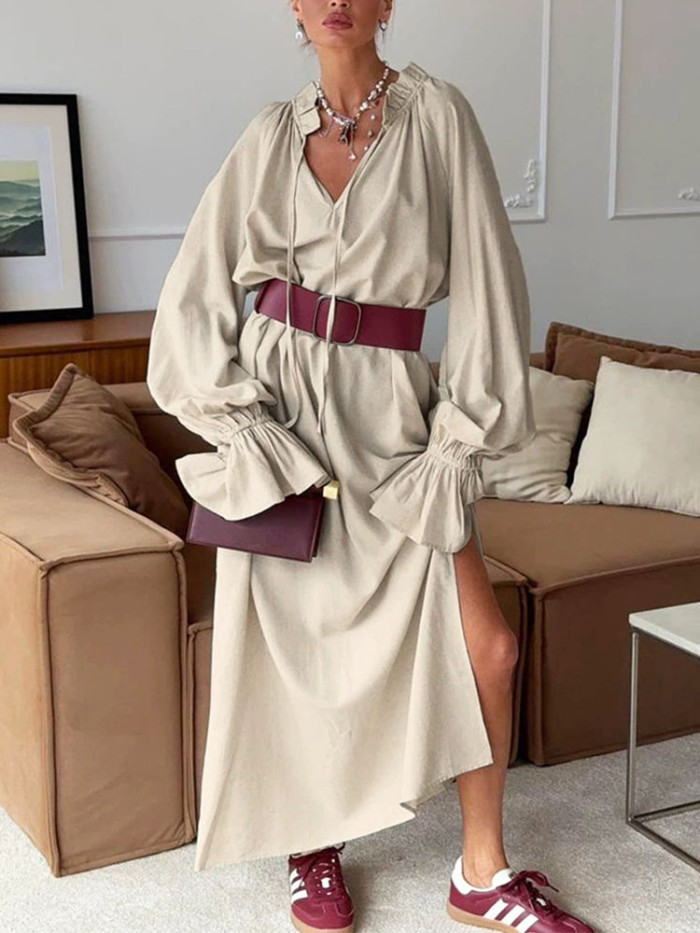 Sexy Deep V-neck Lace-Up Long Dress Autumn Casual Long Sleeve Women's Dress Spring Elegant Cotton Linen Solid Color Party Dress