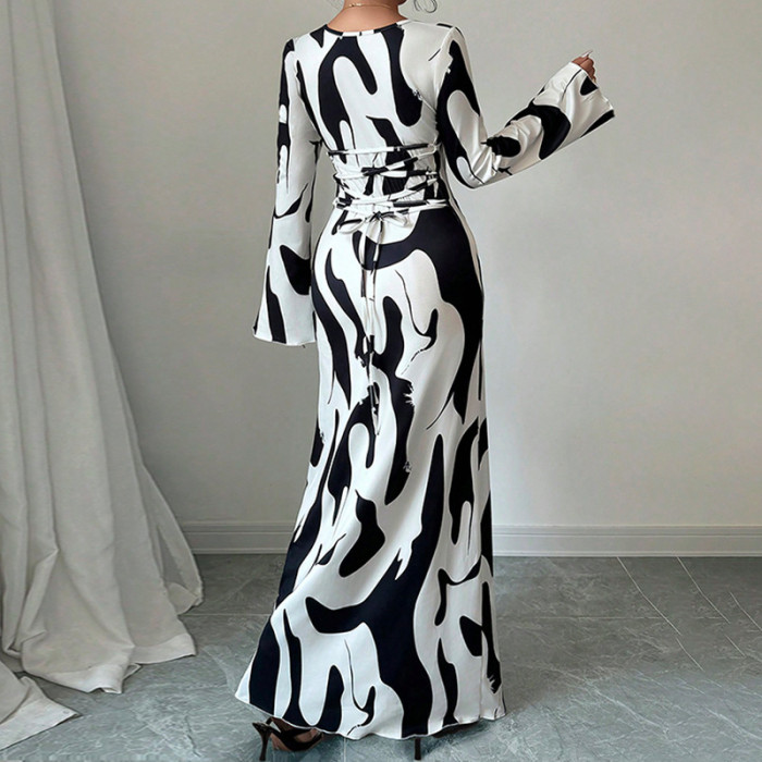 2025 Autumn New Daily Party Women's Long Dress Fashion Printed U Neck Long Sleeve Back Tie Waist Dress Hot Style Elegant Vestido