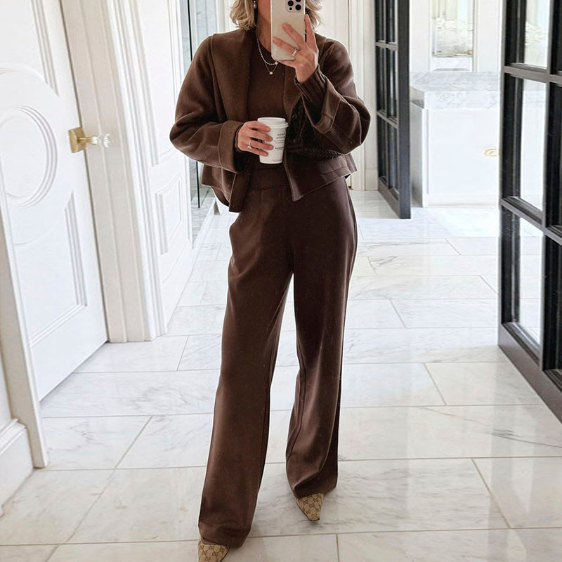 Simple Fashion Solid Soft Wool Coat Woman Lapel Collar Open Stitch Cardigan Top Fall Winter Long Sleeve Pocket Jacket Outerwears