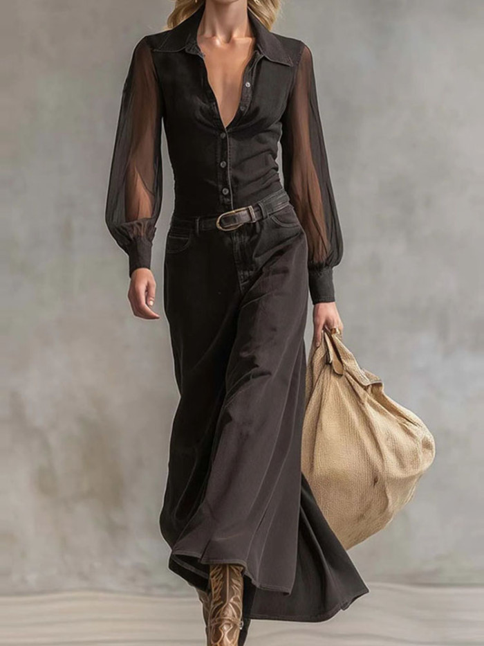 Sexy See-through Long Sleeve Maxi Dress Fashion Lapel Collar Solid Color Long Dress Elegant Button Hight Waist Slim Party Dress