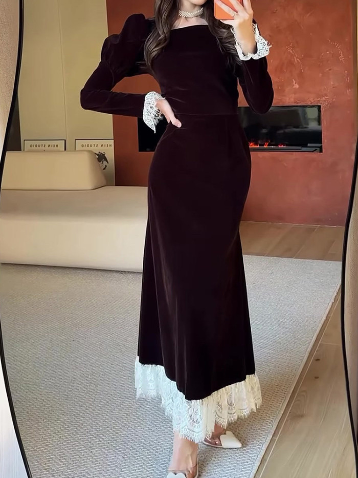 ✨Autumn Velvet Lace-Trim Long Dress – Elegant Square Neck, Long Sleeves & Slim Waist Party Gown
