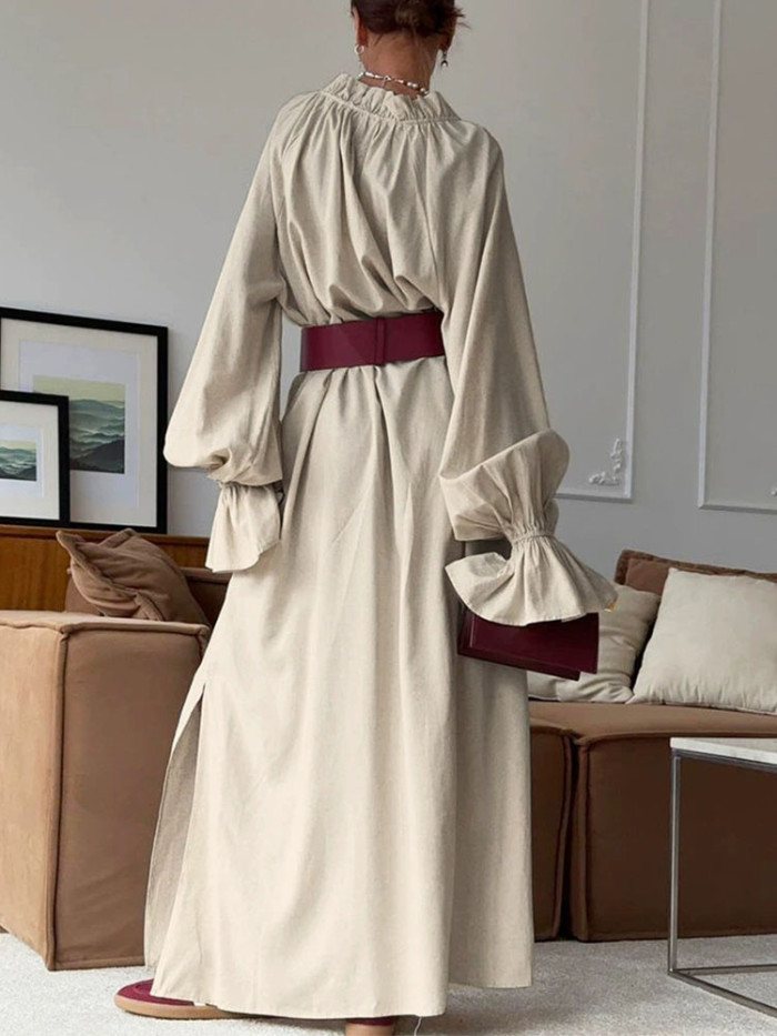 Sexy Deep V-neck Lace-Up Long Dress Autumn Casual Long Sleeve Women's Dress Spring Elegant Cotton Linen Solid Color Party Dress