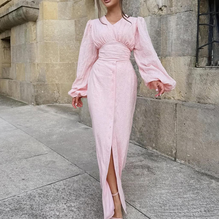 ✨ Sexy V-Neck Lace-Up Evening Dress | Elegant Split Long Sleeve Gown for Women