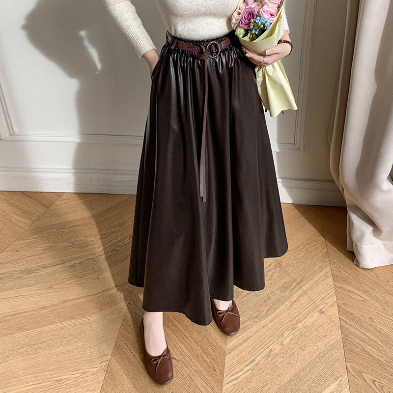 ✨ Elegant PU Leather Midi Skirt – High-Waist Pleated A-Line Silhouette for Chic Autumn & Winter