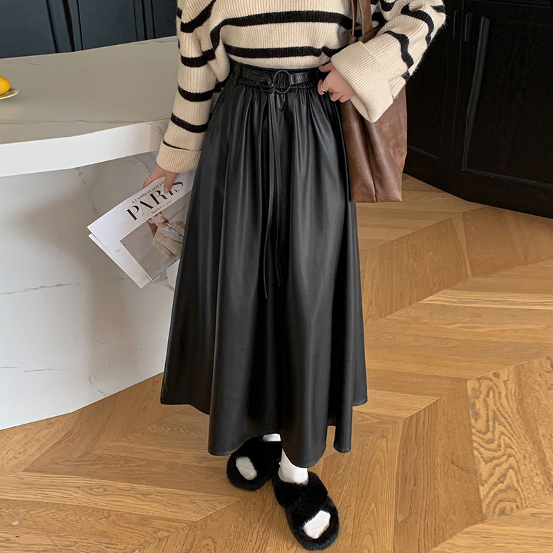 ✨ Elegant PU Leather Midi Skirt – High-Waist Pleated A-Line Silhouette for Chic Autumn & Winter