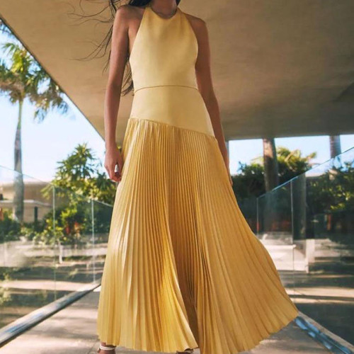 Fashion Hight Waist Pleat Party Dress Sexy Hanging Neck Design Solid Long Dress Elegant Sleeveless Backless Hollow Women's Dress