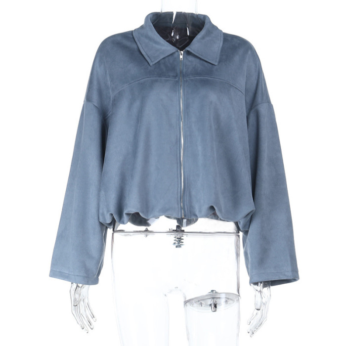 New Women Zipper Jacket Chic 2025 Autumn Female Turn-down Collar Casual Long Sleeve Loose Coats Ladies J192