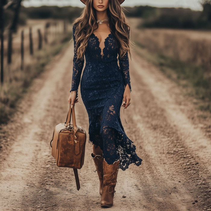 Women Fashion Hight Waist Slim Party Dress Elegant Lace Embroidery Wrap Hip Dress Sexy V-neck Long Sleeve Solid Color Long Dress