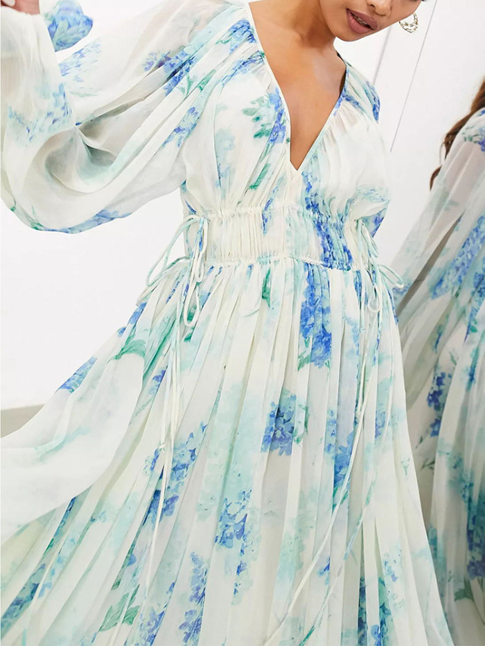 Spring and Autumn Women V Neck Sexy Pullover Printed Dress Women Long Sleeve Casual Fashion Floor-length Dress 2025 New