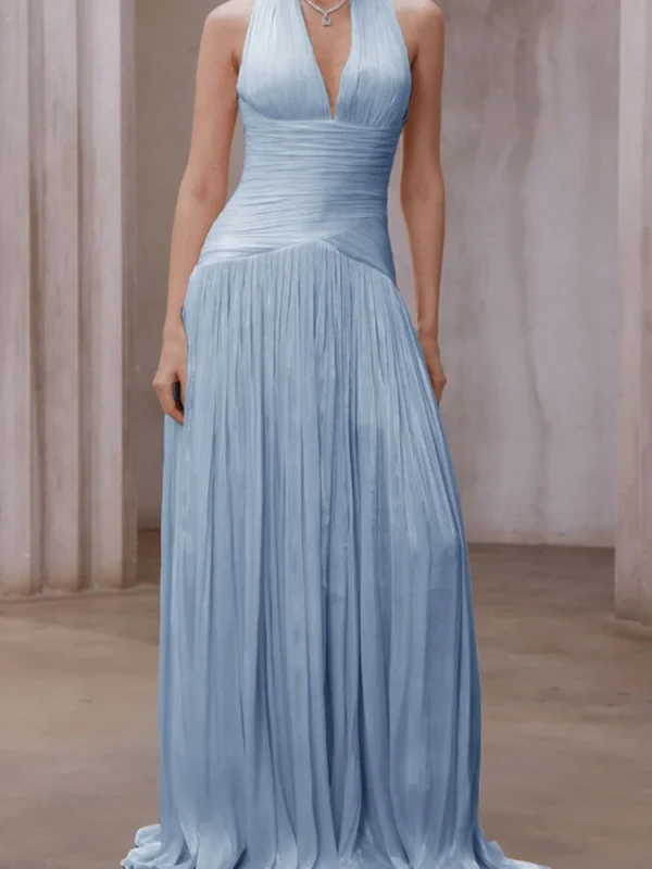 Sexy Sleeveless Solid Long Dress Elegant Deep V-neck Draped Evening Party Dress Women's Fashion Pleated Hight Waist Gowns Dress