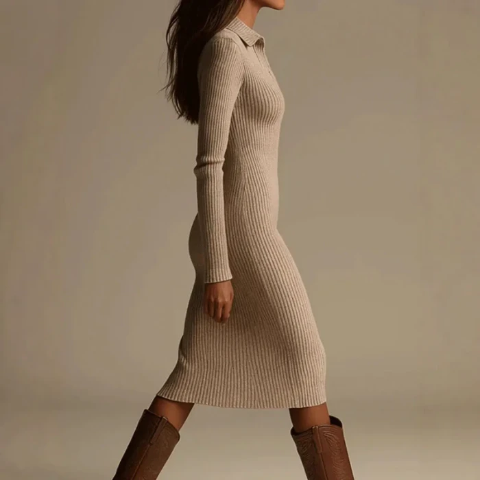 Fall Fashion Solid Ribbed Knitted Dresses Woman Elegant Turn-down Collar Button Long Dress Winter Long Sleeve Slim Sweater Dress