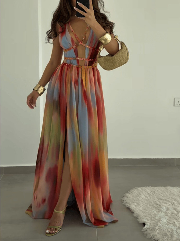 Women Fashion Pattern Print Slim Fit Beach Dress 2025 Sexy Split Backless Party Dress Elegant V-neck Hollow Out Beach Long Dress