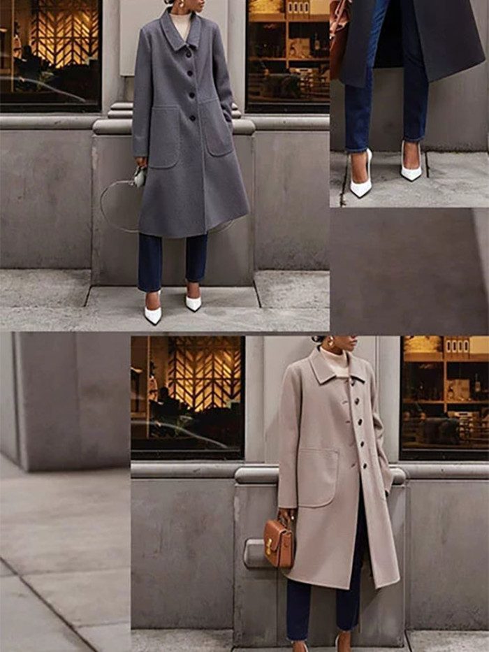 Elegant OL Commute Style Coat Women Fashion Lapel Button Thick Mid Length Jacket Casual Long Sleeve Solid Color Pocket Overcoat