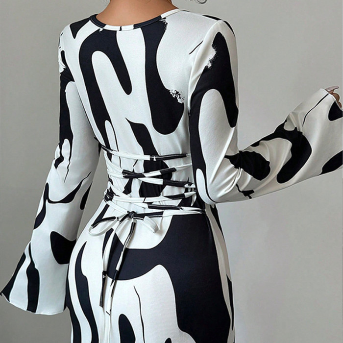 2025 Autumn New Daily Party Women's Long Dress Fashion Printed U Neck Long Sleeve Back Tie Waist Dress Hot Style Elegant Vestido