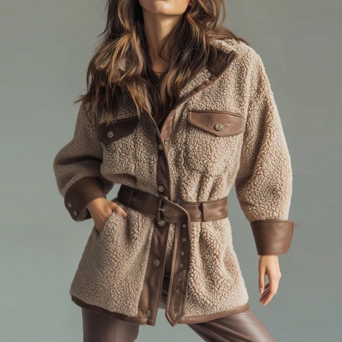 Women's Casual Long Sleeve Pocket PU Leather Coat Elegant Thickened Lamb Solid Jackets Fashion Lapel Button Patchwork Outercoat