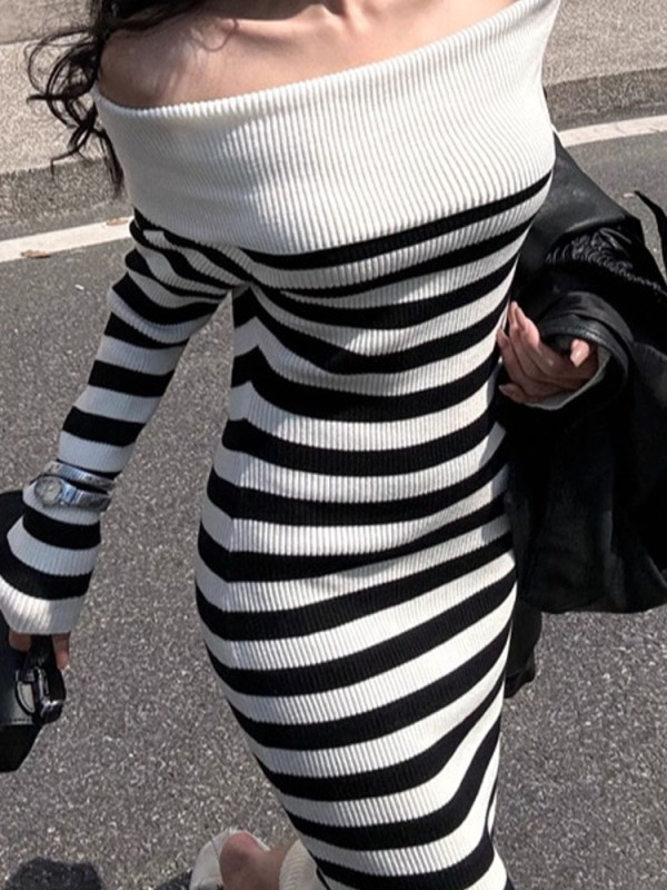 Winter Fashion Striped Print Sweater Dress Women Elegant Autumn Off Shoulder Long Dress Casual Long Sleeve Slim Knit Party Dress