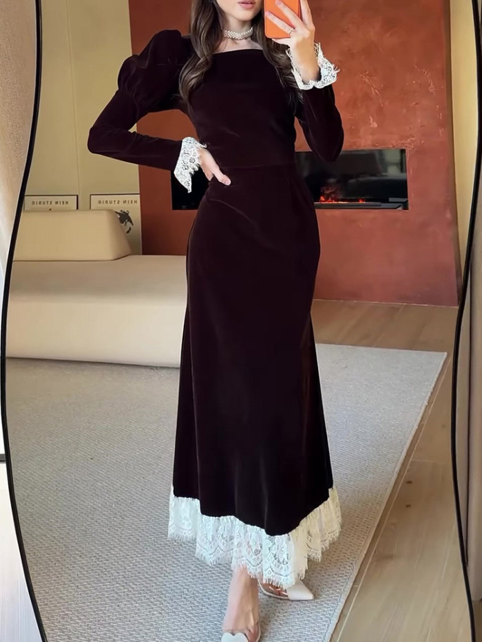 ✨Autumn Velvet Lace-Trim Long Dress – Elegant Square Neck, Long Sleeves & Slim Waist Party Gown