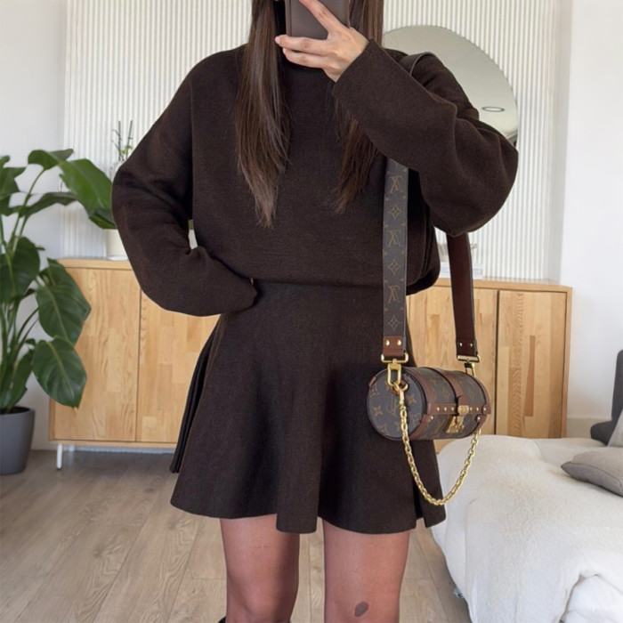 Autumn New Round Neck Loose Waist A-Line Sweater Dress for Women, Fashionable Slim Fit Casual Solid Color Knitted Dress