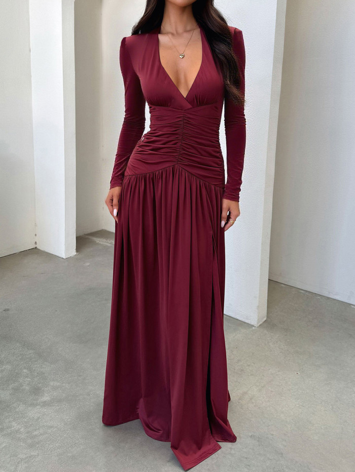 Autumn and Winter Elegant Deep V-Long Sleeved Dress, Women's Dress