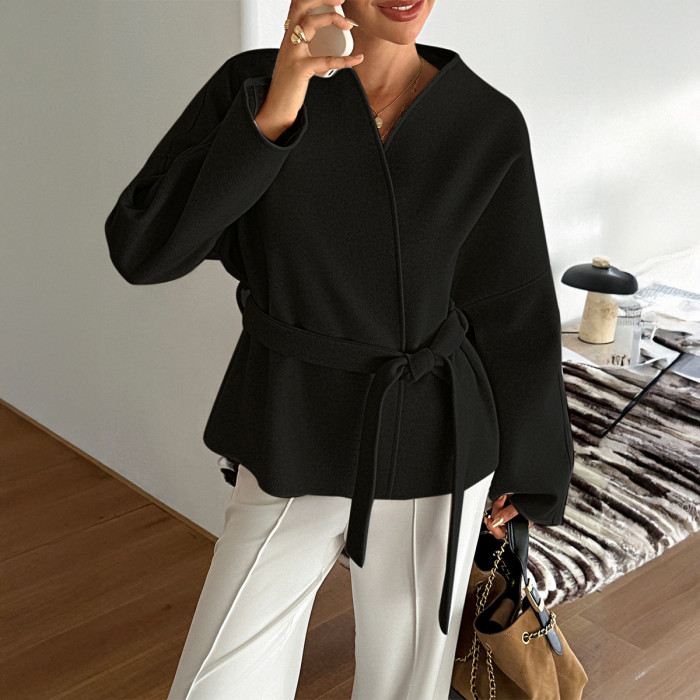 Solid Color Strap V-Neck Jacket 🍂 | Women’s Casual Long-Sleeve Outerwear