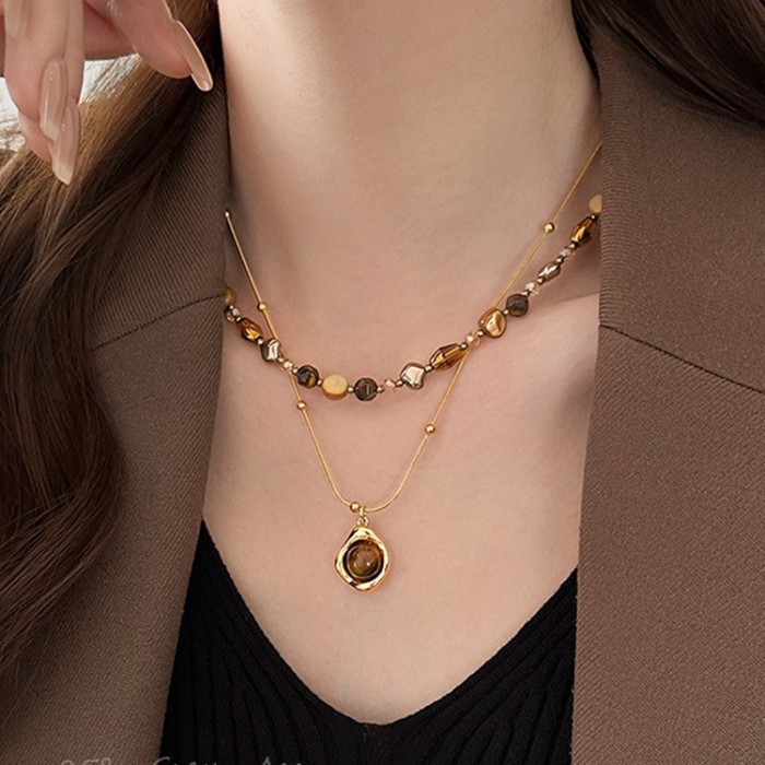 Tiger Eye Stone Beads Autumn/Winter Stacked Necklace for Women, High Grade, Light Luxury Sweater Chain, Retro Accessories