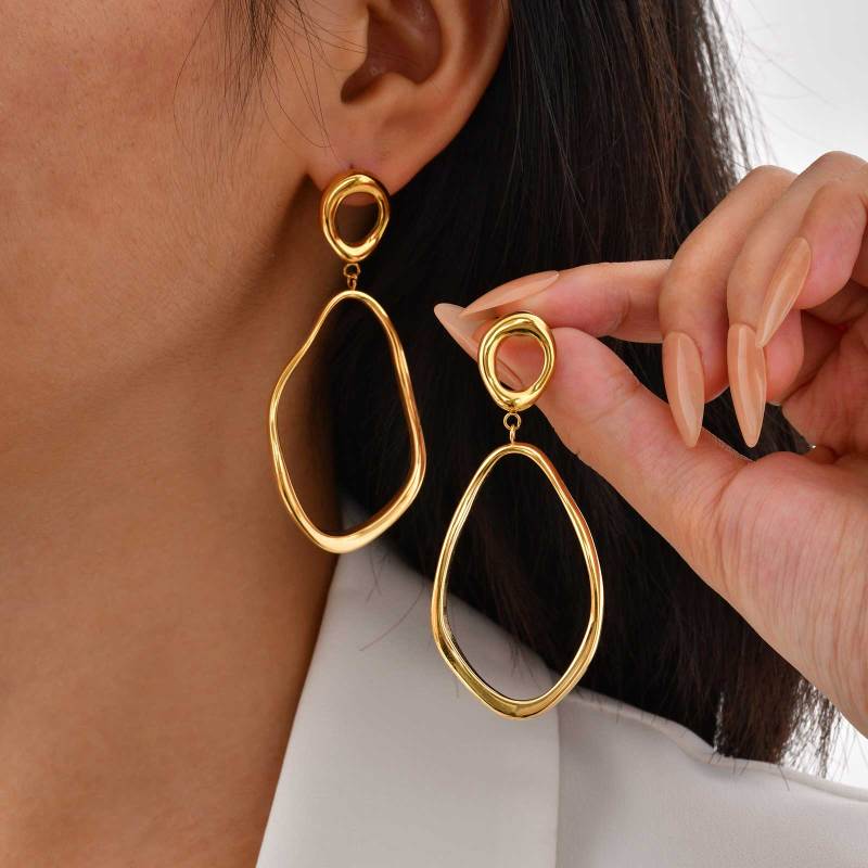 Geometric Irregular Lines Oval Drop Earrings, Minimalist Stainless Steel 18K Gold Plated Earrings,Trendy Party Jewelry for Women