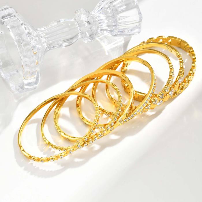 Exquisite Zircon Openable Stainless Steel Bracelet for Women, Gold Plated Geometric Heart Bangle, Luxury Waterproof Jewelry