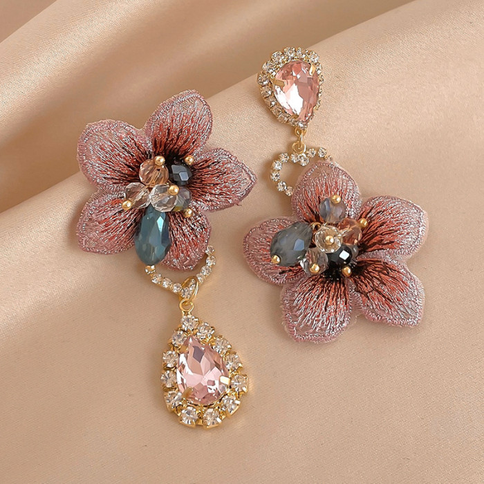 Silver Needle Retro Asymmetrical Diamond Set Fabric Flower Earrings Fashion French Elegant Temperament Premium Earrings Women