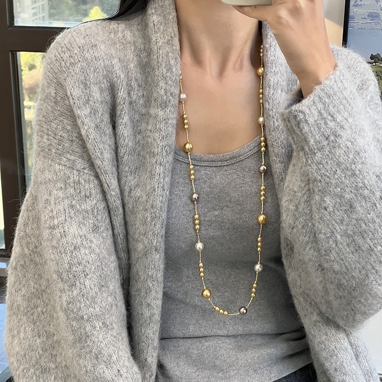 Multicolors Beads Long Sweater Chain Pearl Gold Mixed Color Simple Style Necklace Fashion Women Charm Jewelry Choker Collar Gift