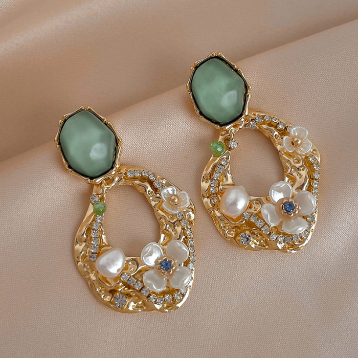 Earrings Pack For Women Vintage Green Earrings Geometric Pearl Flower Earrings Women'S Pleated Hollow Aretes