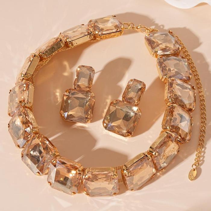 Crystal Statement Necklace and Earring Set, Square Cut Rhinestone Jewelry, Champagne Gold