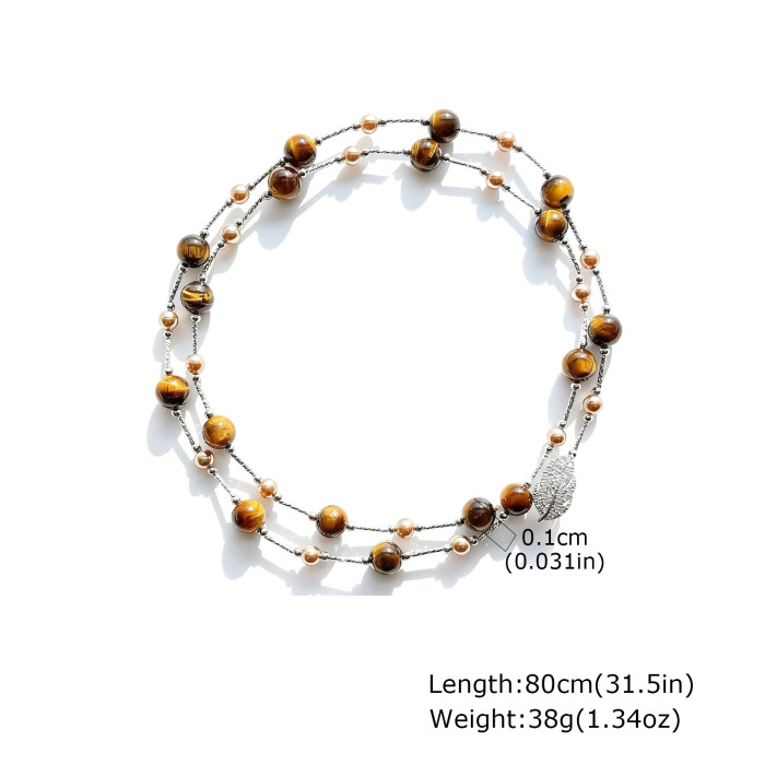 Vintage Natural Stone Tiger's Eye Long Necklace, Metal Leaf Pendant Layered Beads Chain, Fashion Trend Party Jewelry Accessories