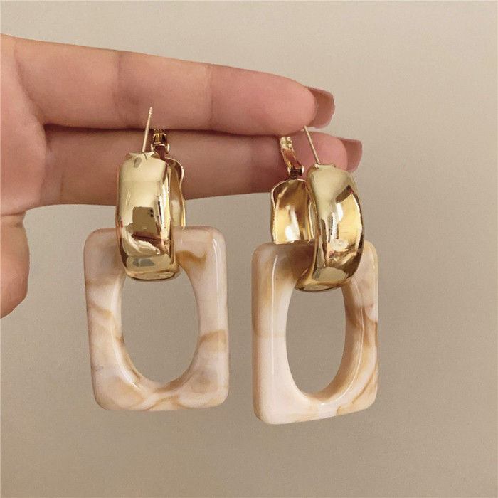 ✨ French Cool Geometric Acrylic Earrings | Beige Hollow Rectangle Retro Style