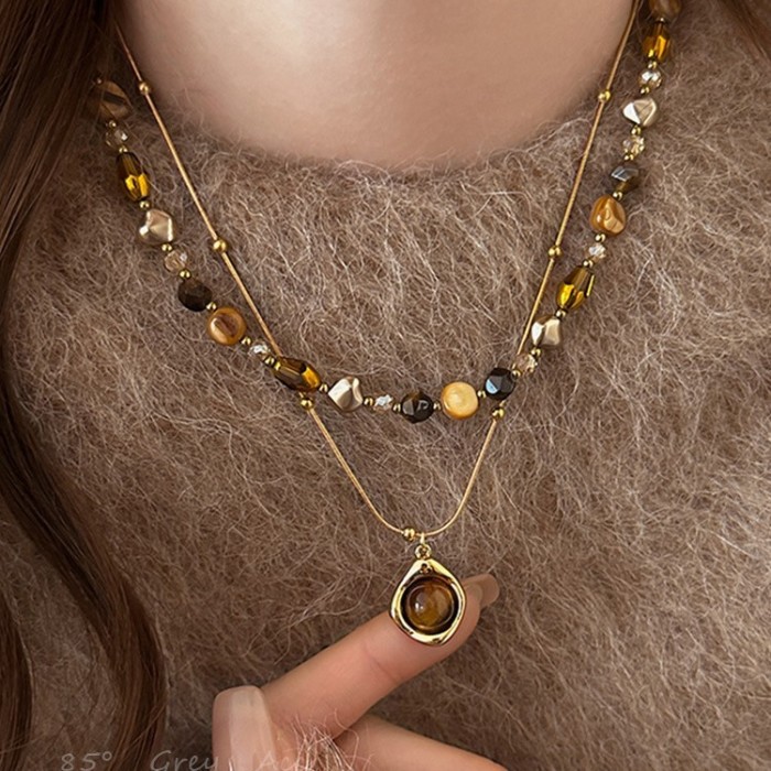 Tiger Eye Stone Beads Autumn/Winter Stacked Necklace for Women, High Grade, Light Luxury Sweater Chain, Retro Accessories
