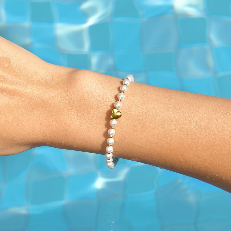 Elegant High Quality Imitation Pearl Beads Bracelet for Women, Stainless Steel Heart Charm Bracelet, Waterproof Fashion Jewelry