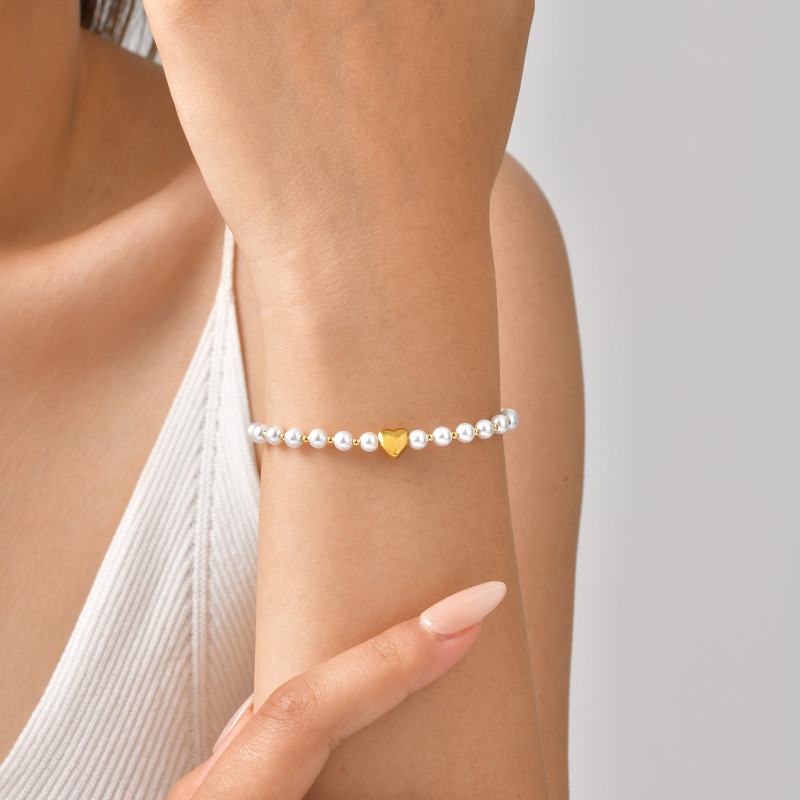 Elegant High Quality Imitation Pearl Beads Bracelet for Women, Stainless Steel Heart Charm Bracelet, Waterproof Fashion Jewelry