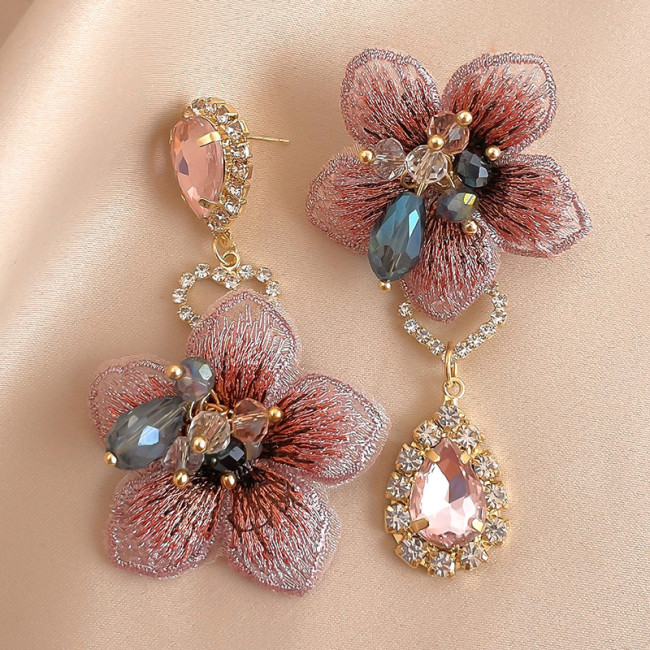 Silver Needle Retro Asymmetrical Diamond Set Fabric Flower Earrings Fashion French Elegant Temperament Premium Earrings Women