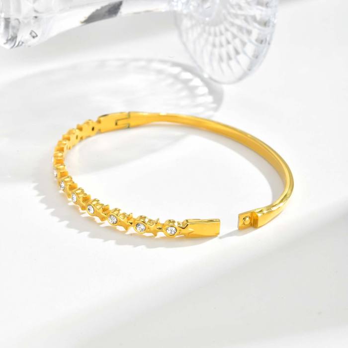 Exquisite Zircon Openable Stainless Steel Bracelet for Women, Gold Plated Geometric Heart Bangle, Luxury Waterproof Jewelry