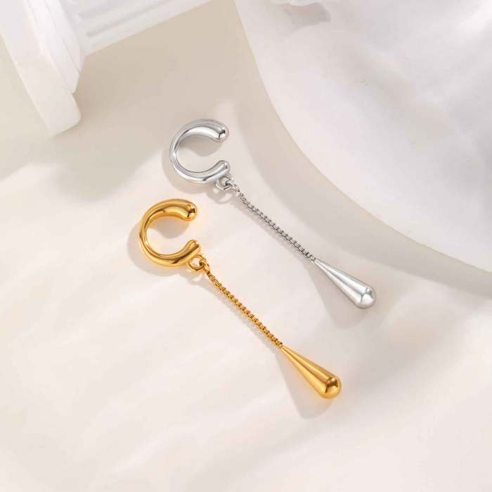 Water Drop Tassel Ear Cuff for Women, C-shaped Stainless Steel Clip on Earrings Fake Piercing, Trendy Ear Bone Clip Jewelry Gift