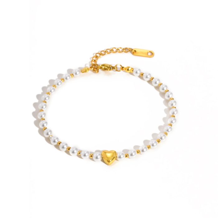 Elegant High Quality Imitation Pearl Beads Bracelet for Women, Stainless Steel Heart Charm Bracelet, Waterproof Fashion Jewelry