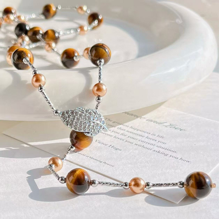 Vintage Natural Stone Tiger's Eye Long Necklace, Metal Leaf Pendant Layered Beads Chain, Fashion Trend Party Jewelry Accessories
