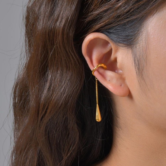 Water Drop Tassel Ear Cuff for Women, C-shaped Stainless Steel Clip on Earrings Fake Piercing, Trendy Ear Bone Clip Jewelry Gift