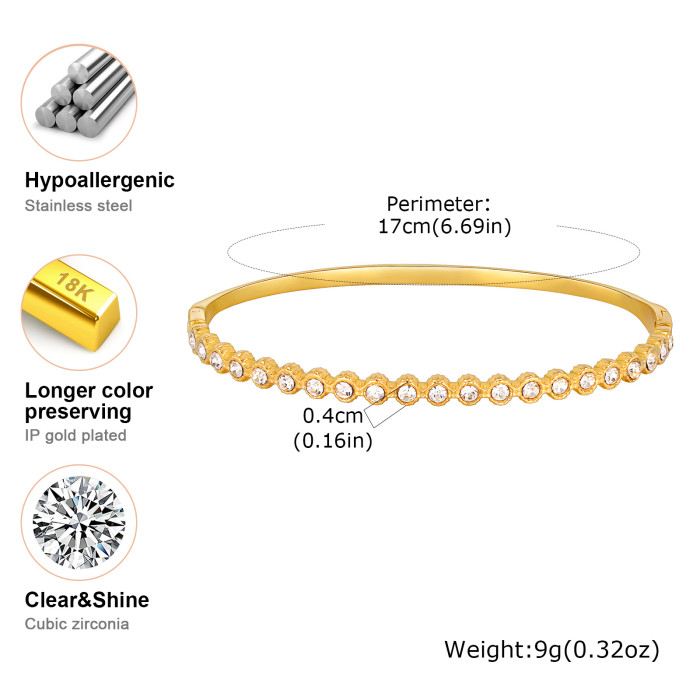 Exquisite Zircon Openable Stainless Steel Bracelet for Women, Gold Plated Geometric Heart Bangle, Luxury Waterproof Jewelry