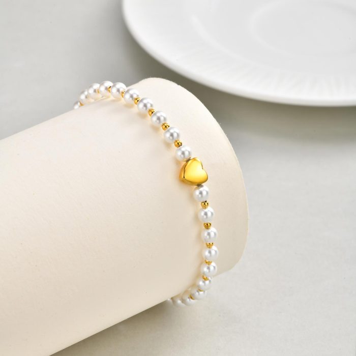Elegant High Quality Imitation Pearl Beads Bracelet for Women, Stainless Steel Heart Charm Bracelet, Waterproof Fashion Jewelry